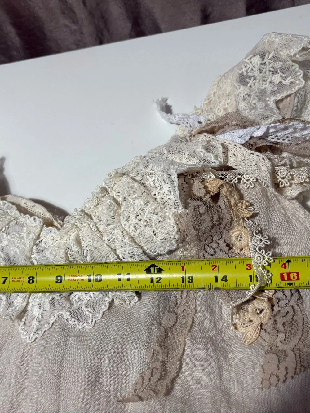 Vtg  Lace Italian Linen V-Neck Upcycled Dress Handmade Sz Med Slight Low Hem - Picture 4 of 14